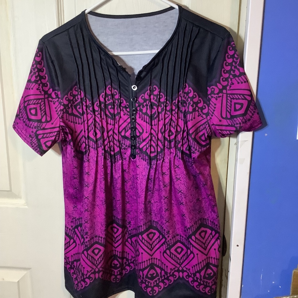 Women’s short sleeve pleated Henley casual summer v-neck tunic top Size L